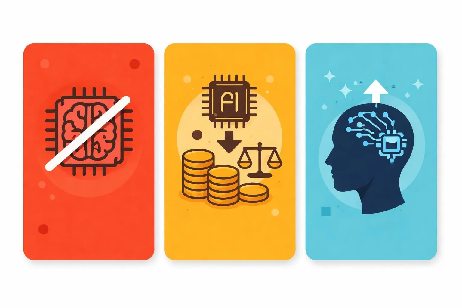 Three icons representing the solutions discussed: banning AI, taxing AI to redistribute gains, and enhancing human capabilities to compete with AI