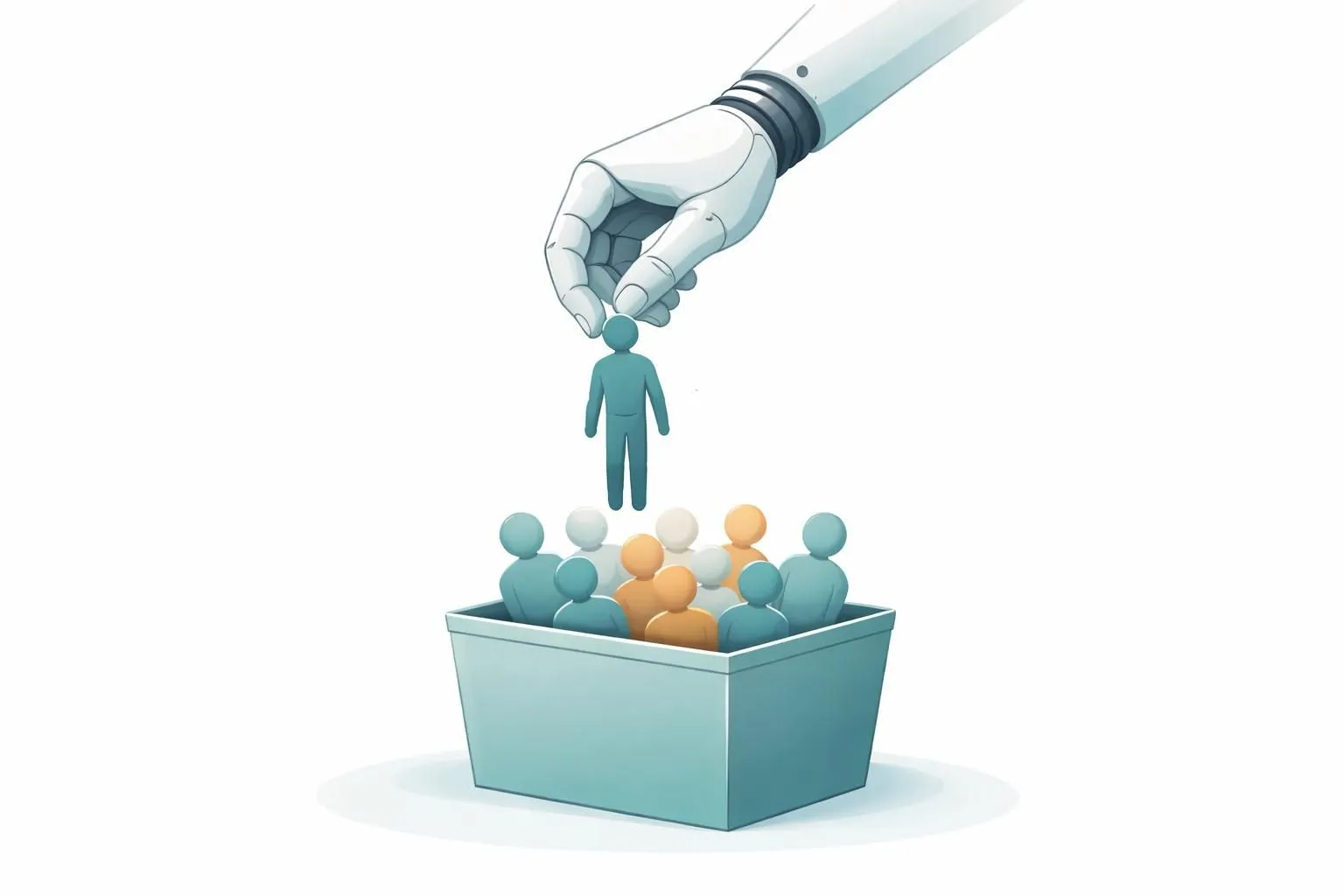 Illustration of a robotic hand discarding small human figures into a bin with other people, symbolizing job losses caused by AI
