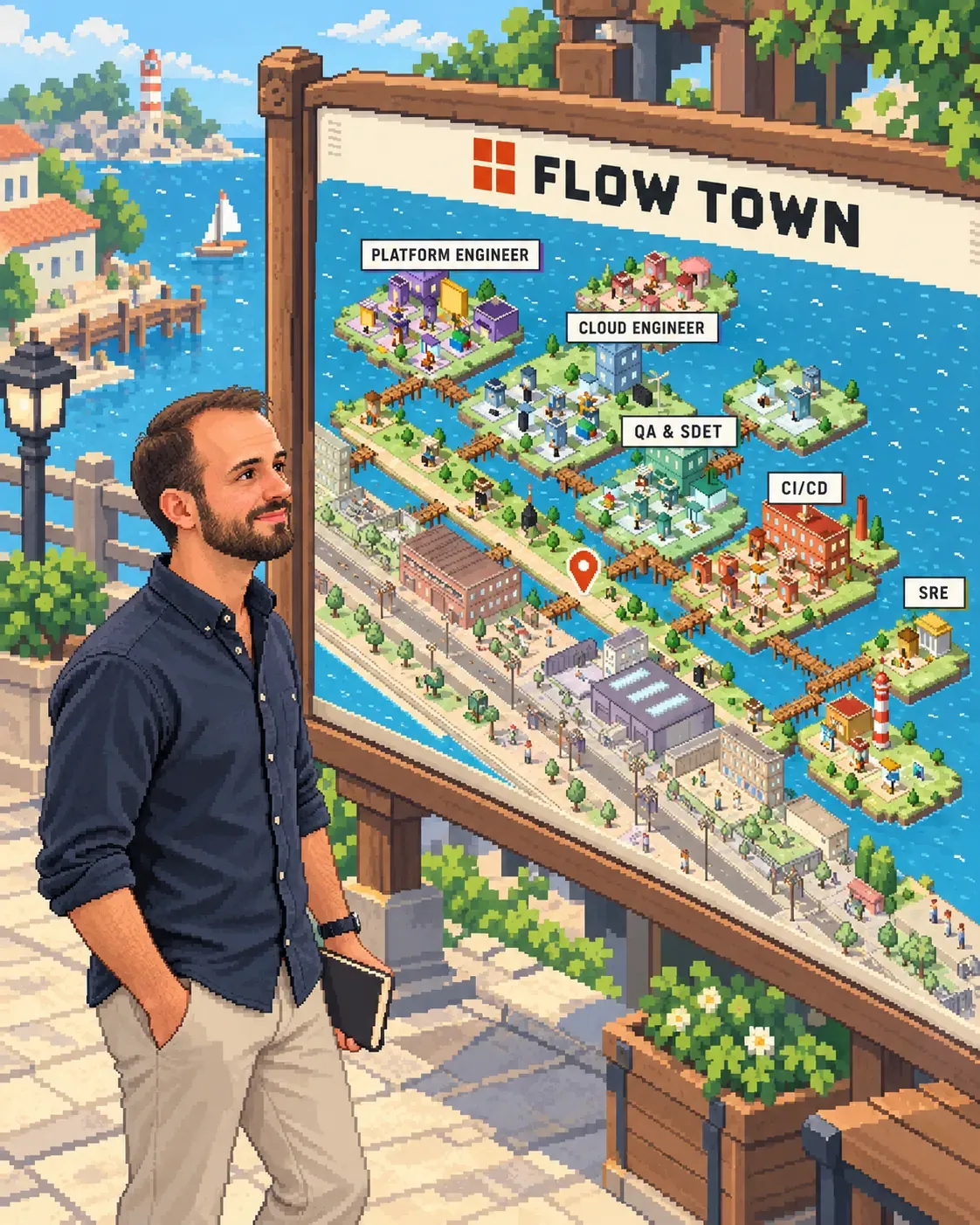 Pixel-art illustration of Théo looking at a Flow Town map sign showing the Platform Engineer, Cloud Engineer, QA & SDET, CI/CD and SRE islands