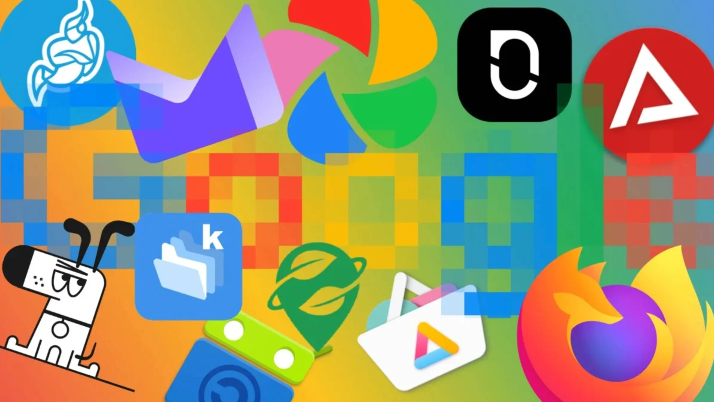 Collage of alternative app and service logos overlaid on a faded Google logo, representing privacy-friendly replacements for Big Tech services