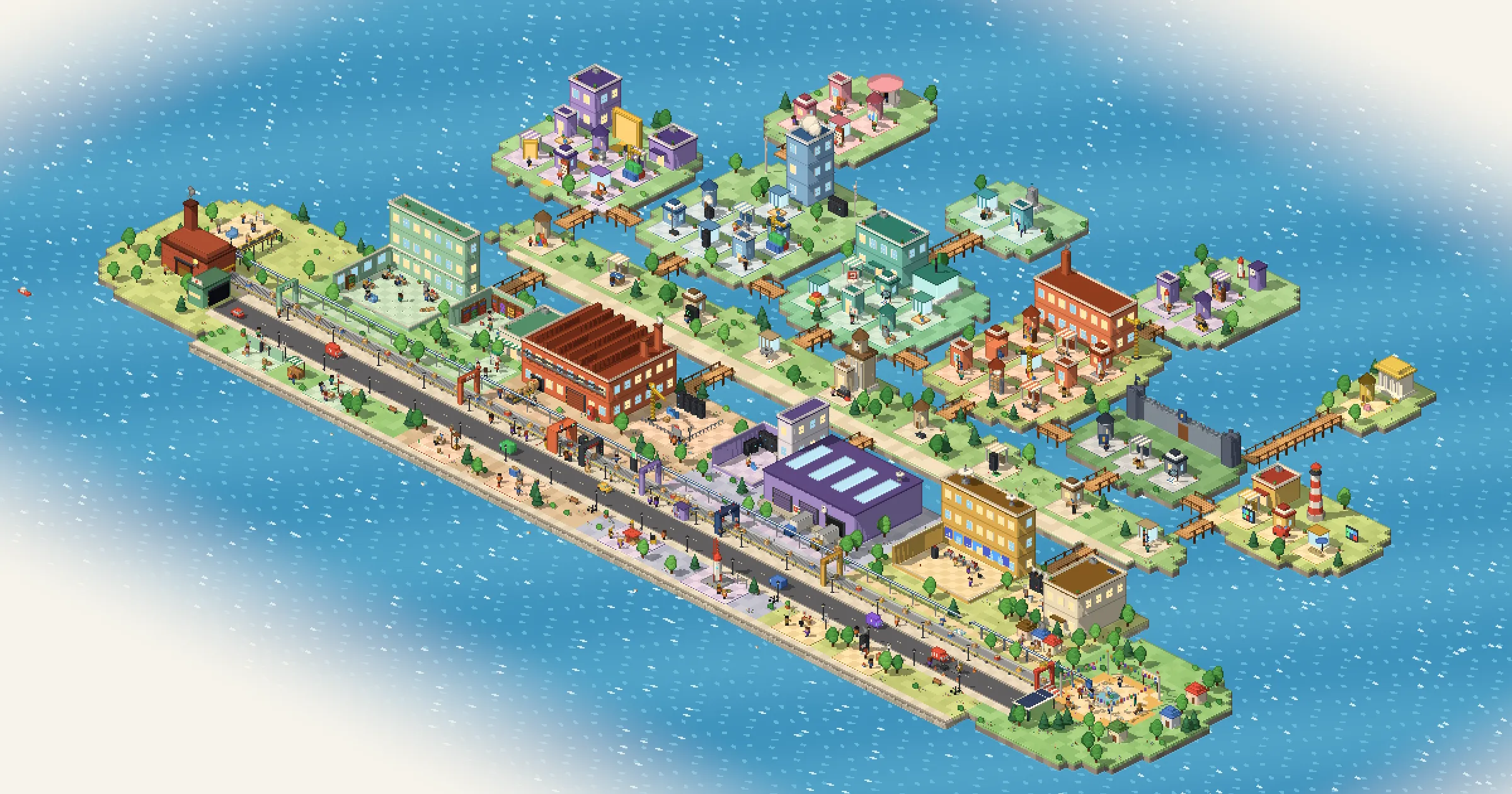 Pixel-art islands of Flow Town, each one a field of Enablement Engineering