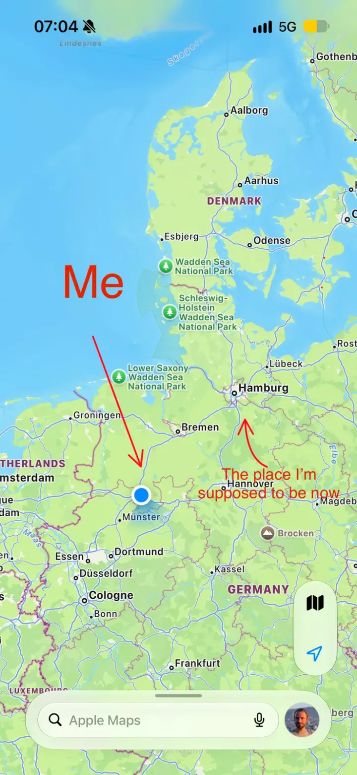 Map showing my location near Münster while I was supposed to be in Hamburg
