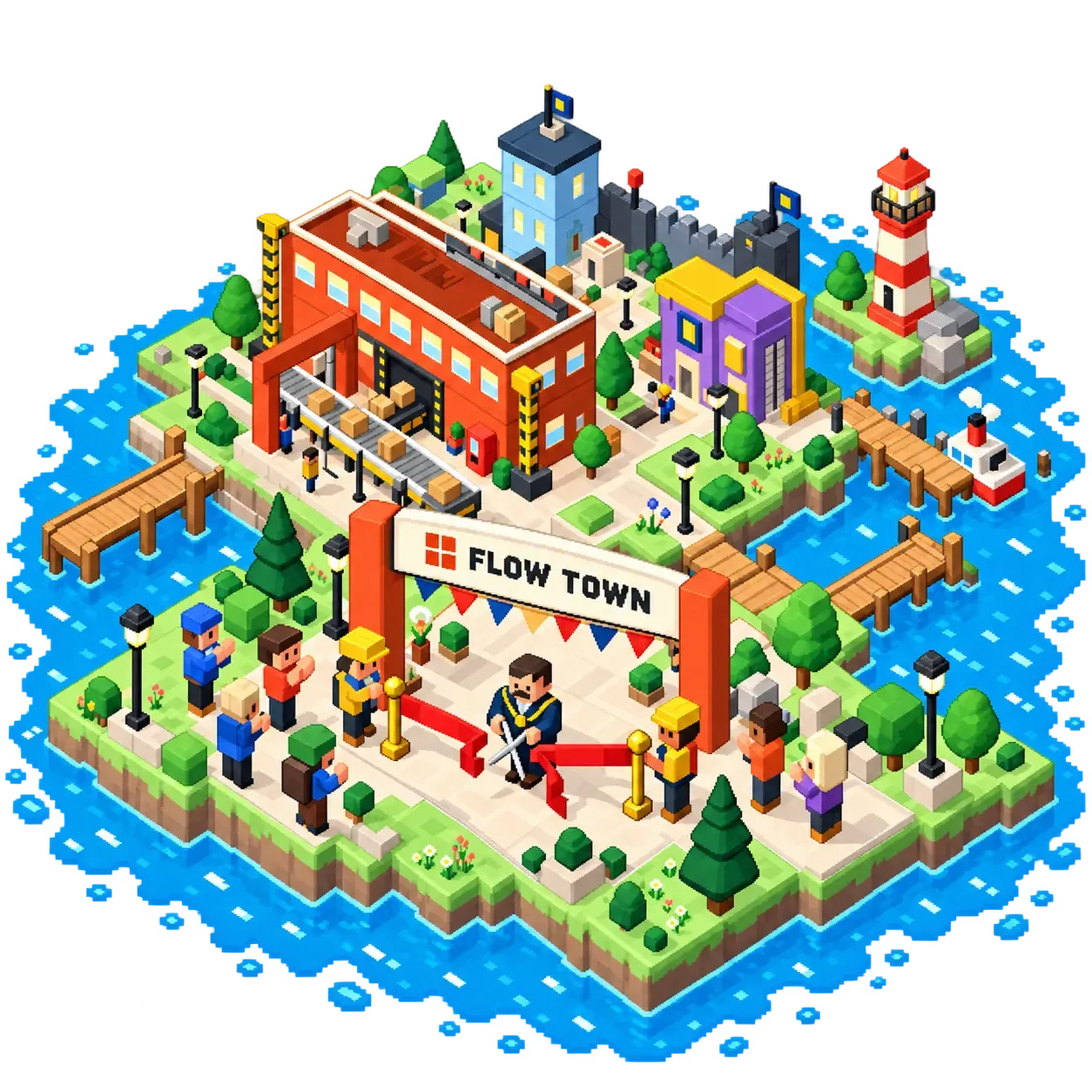 Pixel-art diorama of the Flow Town mayor cutting a red ribbon under the Flow Town arch, while townspeople applaud