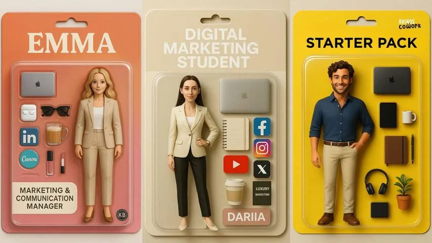 Three AI-generated “action figure” starter pack images, a social media trend where users describe themselves to AI to generate a toy-package portrait